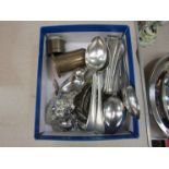 A box of mixed silver and plated teaspoons and a trench art cigarette lighter etc