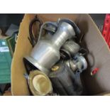A box of mixed 19th Century pewter teapots,