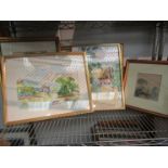 Seven gilt framed pictures and prints including signed watercolor of garden scene signed oil of