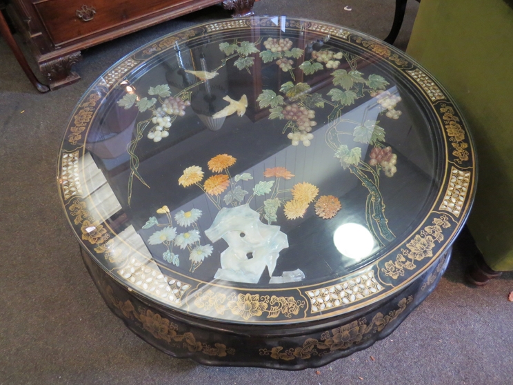 A 20th Century oriental lacqered circular coffee table with mother of pearl and gilt border, - Image 2 of 2