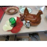Mixed items including chicken egg basket, glass jug,