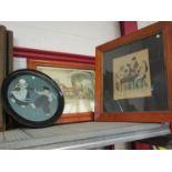 Two maple framed and glazed prints including figures by horse and a circular picture of children