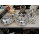 A selection of plated wares including an Edward Hueck teapot, lidded tureens,