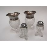 A pair of silver topped crystal glass squat form vases and pair of cruets a/f (4)