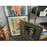 Two green and one blue framed pictures/prints including chinese lakeside scene,