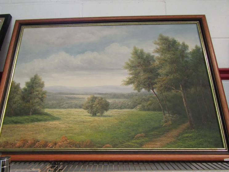 P.WILSON (XX): A large oil on canvas landscape of Parkland Scene.