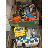 Two boxes of loose and boxed diecast vehicles
