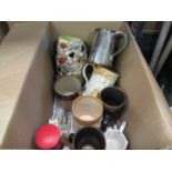 A box containing assorted mugs including Denby, beer mugs,