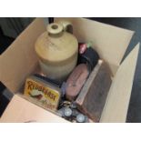 A box of miscellaneous including binoculars and Ogdens Redbreast flake tin etc