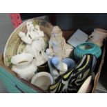 A box of mixed ceramics including 19th Century cheese dish, meat plate,