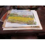 A selection of pictures and prints including watercolours of rural scenes,