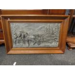 A resin relief picture depicting a man horses with timber wagon, signed Felix,