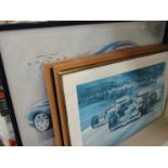 Five various coloured prints relating to cars and racing
