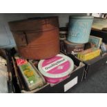 Two boxes of vintage tins including hat box