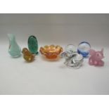 A quantity of art glass items including Langham elephant paperweight