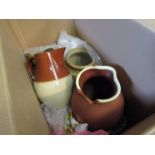 Two boxes containing china plates including Indian Tree, stoneware flagons and pottery jugs etc.