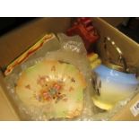 A box containing assorted ceramics including Crown Devon dish, Victorian clock,