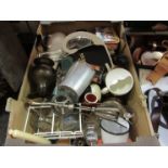 A box of vintage kitchenalia including Guinness advertising sign and enamel wares