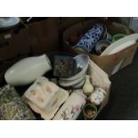 Two boxes of mixed ceramics including Denby Wheatsheaf dish, cylindrical blue and white vase,