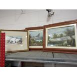 A pair of oils on canvas depicting rural riverside and an alpine scene with lake,