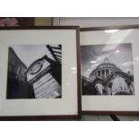 A pair of framed and glazed monotone prints depicting London scenes, Bank Statton and St.