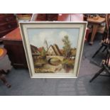 Larson: Romantische Dorf framed oil om canvas depicting a Bavarian riverside village scene,