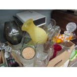 A box of assorted glassware including decanters,