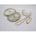 Vintage triple row crystal necklace, vintage row of pearls in case,