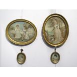 Four late 18th Century silkwork pictures in gilt gesso oval frames depicting children and female