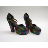 A pair of original 1970's sparkly fabric platform shoes in neon colours
