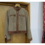 Gucci tan leather and GG monogram canvas bomber style jacket