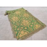 19th Century green silk and gold thread banner with bullion fringe, 85cm x 45cm approx.