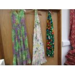 Three 1960's/70's full length dresses, green and purple with fine pleated skirt,