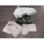 Assorted table linens including damask.