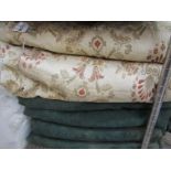 Three pairs of bottle green curtains, self floral pattern, lined and interlined,