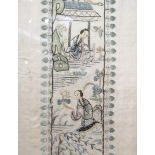 Two pairs of Oriental silk panels, hand embroidered, figural scenes,