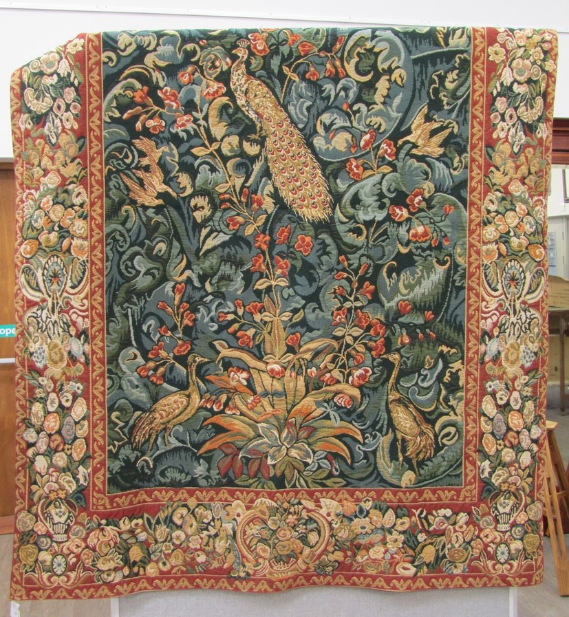 A modern machine woven wall hanging tapestry depicting peacocks in a stylized naturalistic setting, - Image 2 of 2