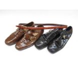 Two pairs of gents hoes in black and tan by retailers "Bally" and a gents tan leather belt