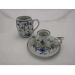 A 'Tettau' blue and white porcelain mug and chamber stick with striker 'strawflower' pattern (2)