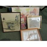 A box of assorted pictures and prints including a wax picture,