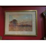 HY WOODS: A framed and glazed watercolour of a view through a meadow to buildings in the distance,