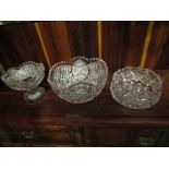 Three crystal bowls including large example and bowl on footed base