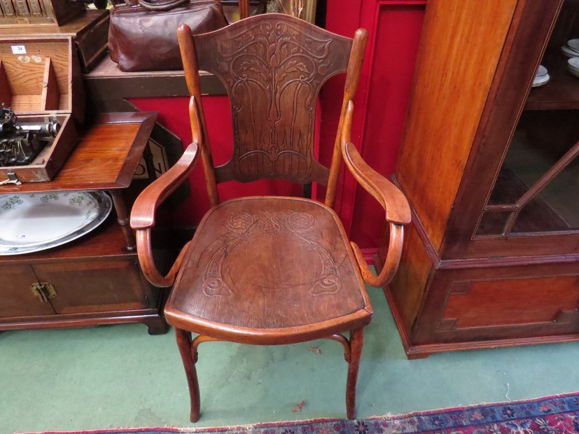 Circa 1900 a "Jacob and Josef Kohn" of Vienna Arts and Crafts bentwood elbow chair with embossed - Image 2 of 2