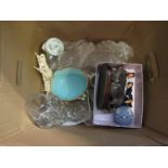 A box containing ceramics and glassware including Doulton pig, glass basket,