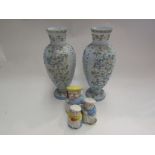 A pair of light blue satin glass vases with enamelled floral and line decoration,