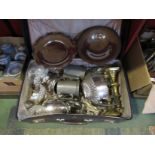 A suitcases of metal wares including fluted three piece plated tea set