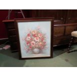 J HOWARD: An oil on canvas still life of pink flowers in vase, signed lower right, framed,