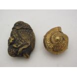 A brass vesta case in the form of a bird with toad and a snail shell snuff box (2)