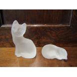 A Lenox style frosted crystal cat figure together with a similar curled up cat figure