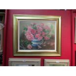 DUVAL (XX): An oil on canvas of roses in jug, framed,